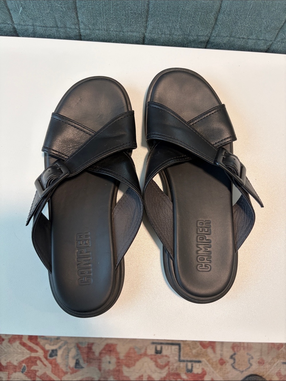 Camper Black Leather Cross-Strap Buckle Slide Sandals